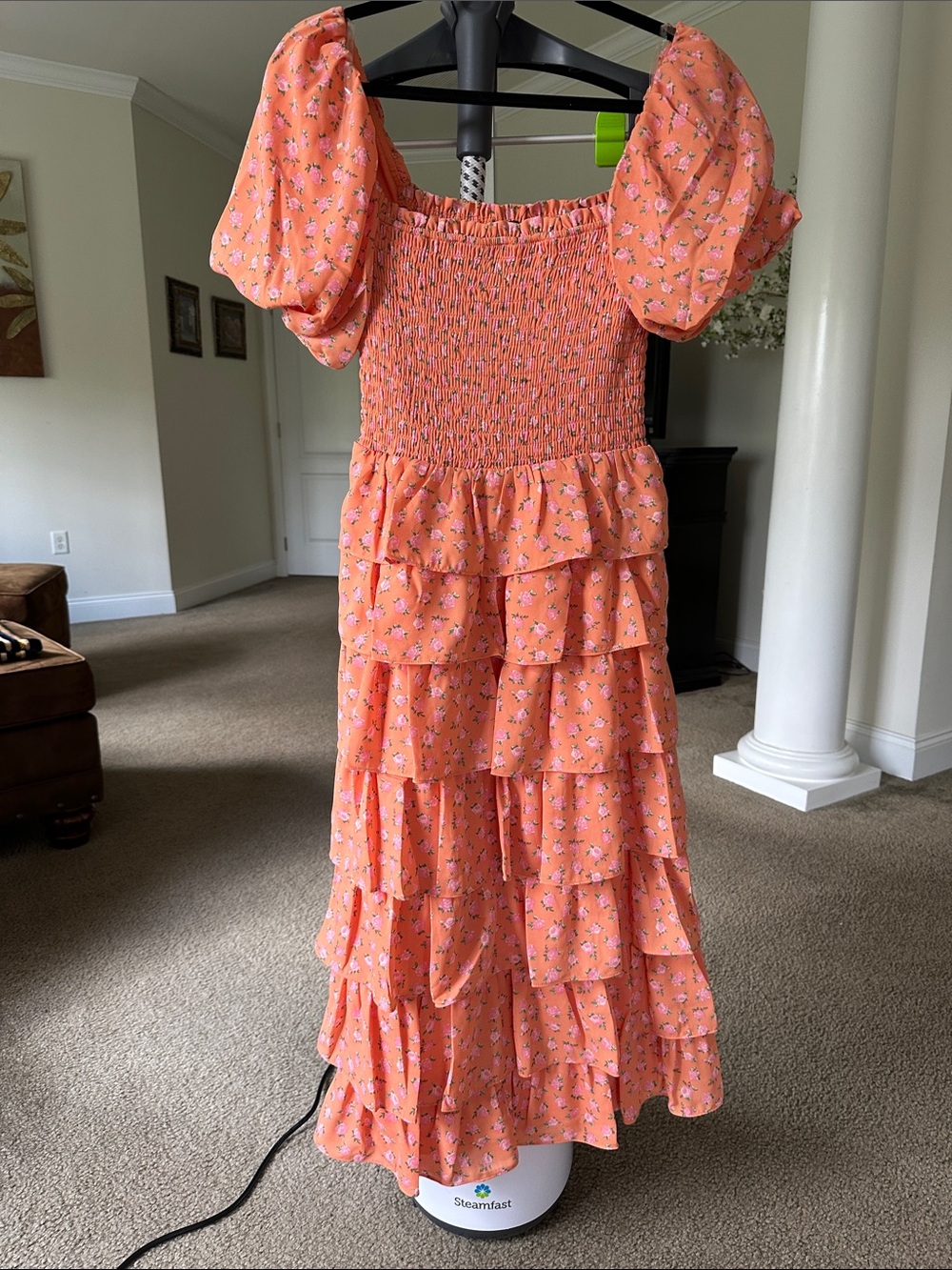 Crystal Doll Coral-Peach Floral Tiered Puff-Sleeve Midi Dress